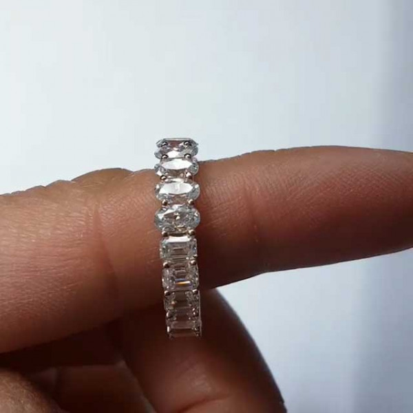 Handmade Half Emeralds and Half Ovals Sterling Silver Ring Band
