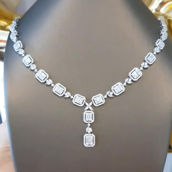Halo Emerald Cut White Sapphire Station Necklace