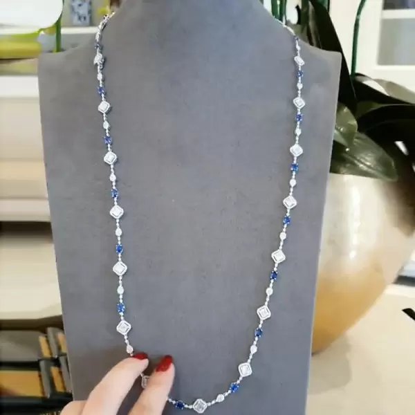 Oval Cut White & Blue Sapphire Necklace