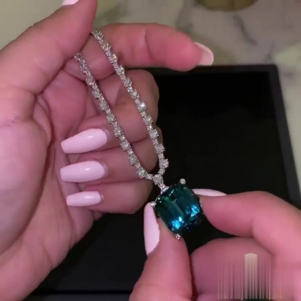 Cushion Cut Blue Tourmaline Pendant Necklace