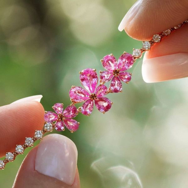 Pear Cut Pink Sapphire Flower Layered Necklace in Gold