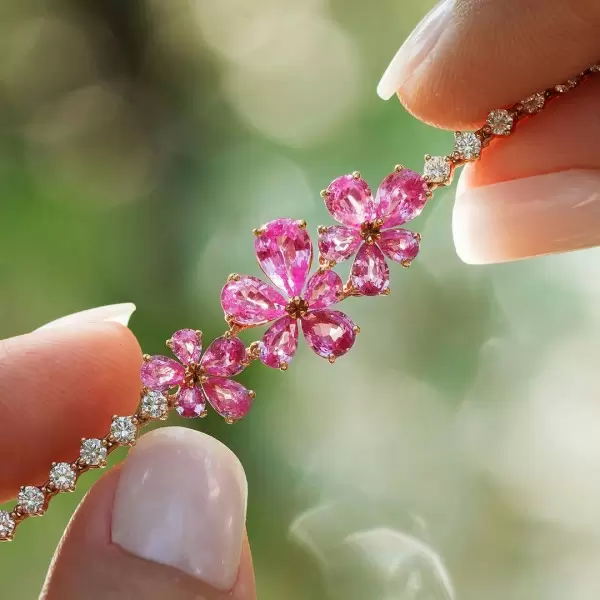 Pear Cut Pink Sapphire Flower Layered Necklace in Gold
