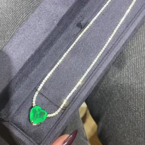 White Sapphire Tennis Necklace with Heart Emerald Pendant