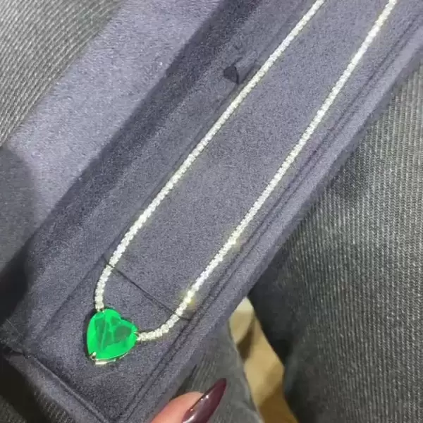 White Sapphire Tennis Necklace with Heart Emerald Pendant