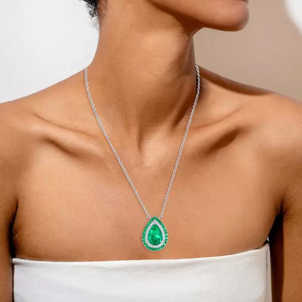3ct Pear Cut Emerald Vintage Halo Pendant Necklace