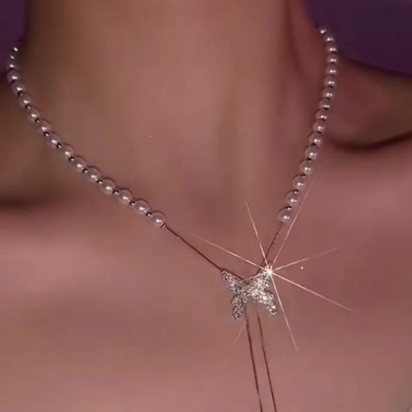 Adjustable Bolo White Pearl Butterfly Necklace
