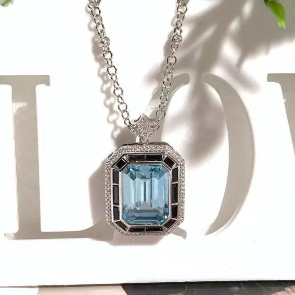 15ct Emerald Cut Aquamarine Art-deco Pendant Necklace