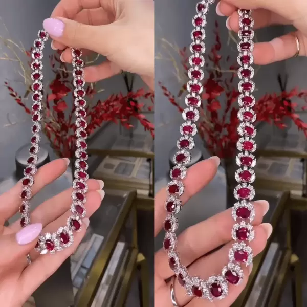 40ctw Oval Cut Ruby Halo Vintage Statement Necklace