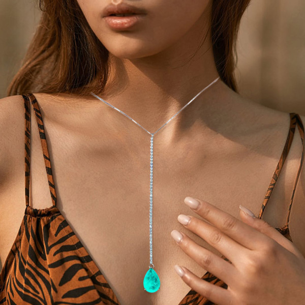8.9ct Pear Cut Green Blue Paraiba Tourmaline Y Necklace