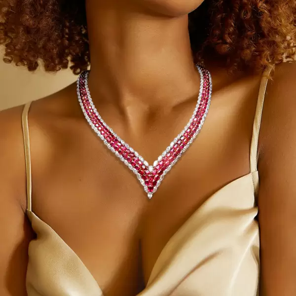 65ctw White Sapphire and Oval Cut Ruby Two-row V Necklace