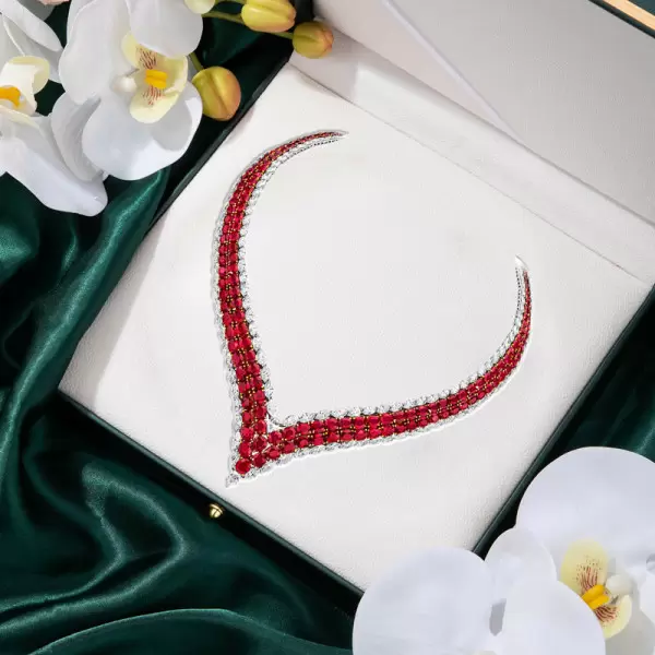 65ctw White Sapphire and Oval Cut Ruby Two-row V Necklace
