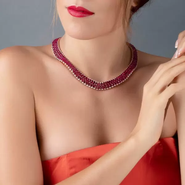 60ctw Round Cut Ruby Three-row Necklace