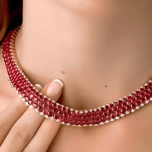 60ctw Round Cut Ruby Three-row Necklace