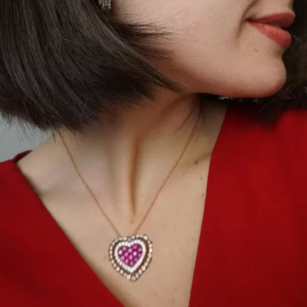 Ruby and Brown Sapphire Cluster Heart Necklace
