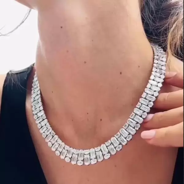 Oval and Emerald Cut White Two Row Tennis Necklace