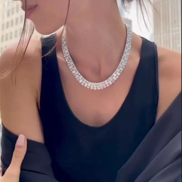 Oval and Emerald Cut White Two Row Tennis Necklace
