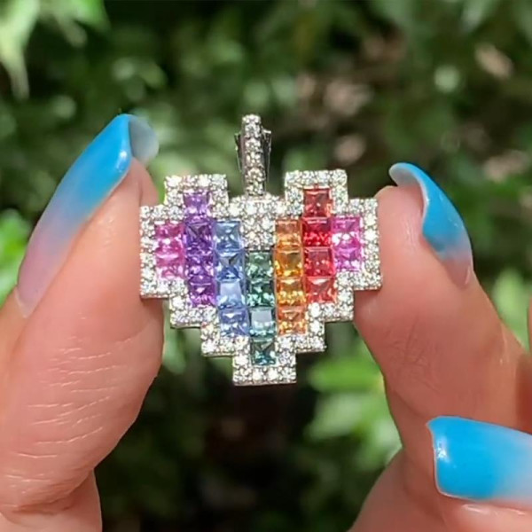 Princess Cut Rainbow Sapphire Heart Necklace