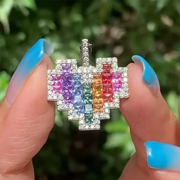 Princess Cut Rainbow Sapphire Heart Necklace