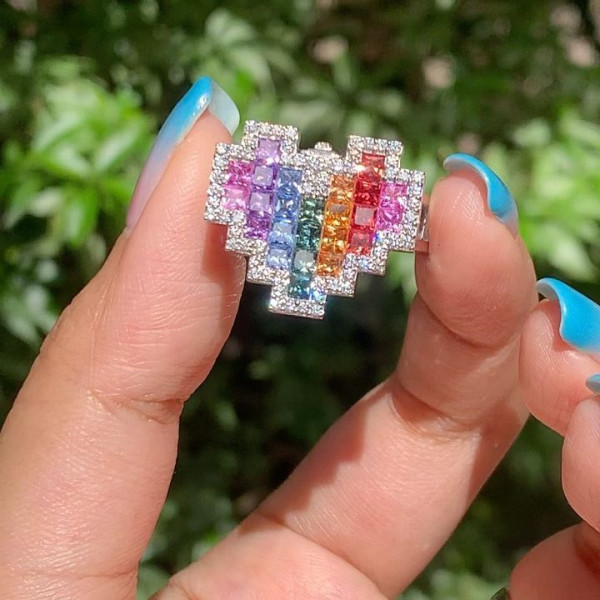 Princess Cut Rainbow Sapphire Heart Necklace