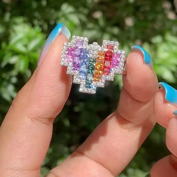 Princess Cut Rainbow Sapphire Heart Necklace