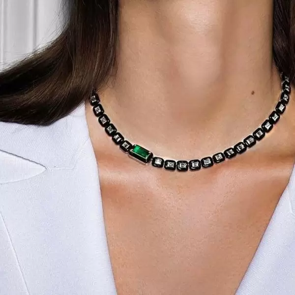 5.3ct Emerald Cut Emerald Enamel Necklace