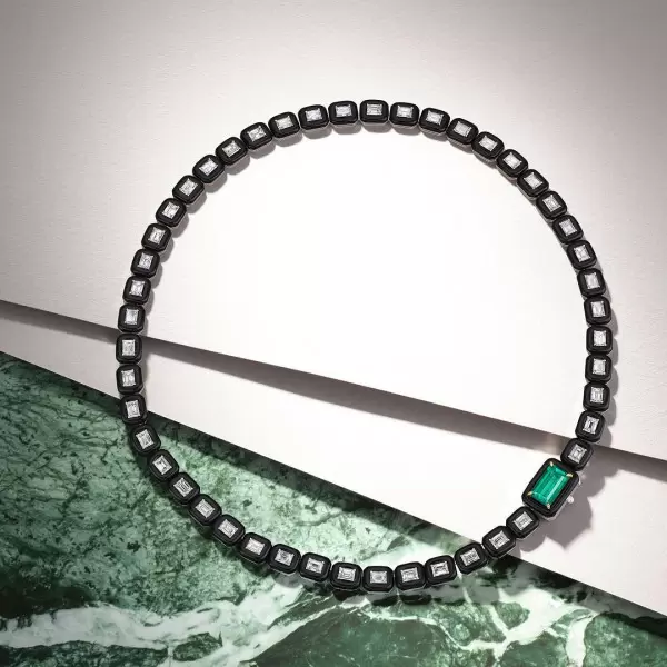 5.3ct Emerald Cut Emerald Enamel Necklace