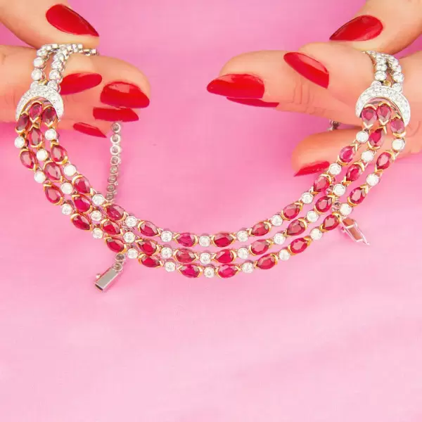 30ctw Pear Cut Three Row Ruby Necklace