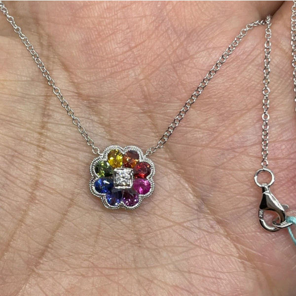 Pear Cut Rainbow Sapphire Flower Necklace