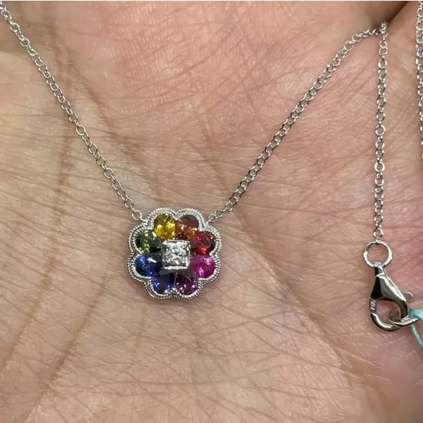 Pear Cut Rainbow Sapphire Flower Necklace