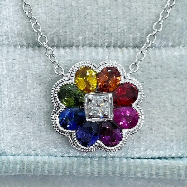 Pear Cut Rainbow Sapphire Flower Necklace
