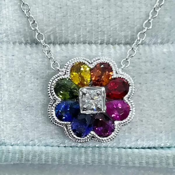 Pear Cut Rainbow Sapphire Flower Necklace