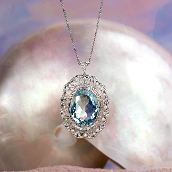 15ct Oval Cut Aquamarine Pearl Halo Vintage Pendant Necklace