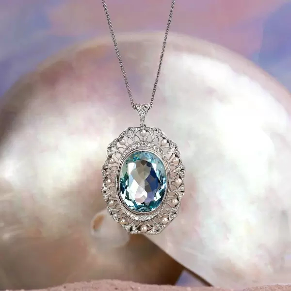 15ct Oval Cut Aquamarine Pearl Halo Vintage Pendant Necklace