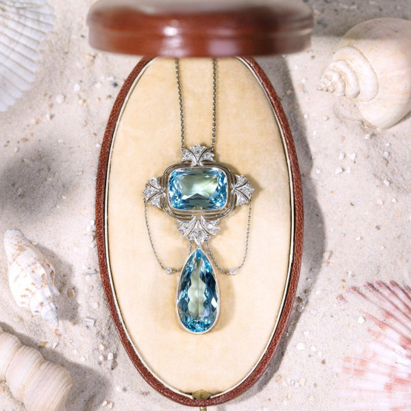 20ctw Pear and Cushion Cut Aquamarine Pendant Necklace