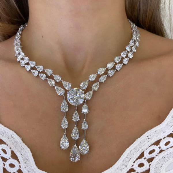 120ctw Round and Pear Cut White Sapphire Statement Necklace