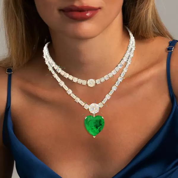 20ct Huge Heart Cut Emerald Two Row Statement Necklace