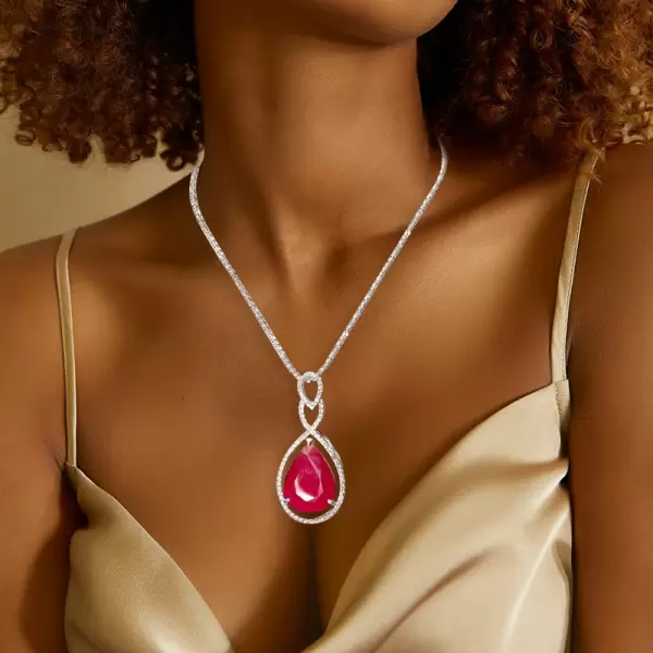9ct Pear Cut Ruby Vintage Halo Pendant Necklace