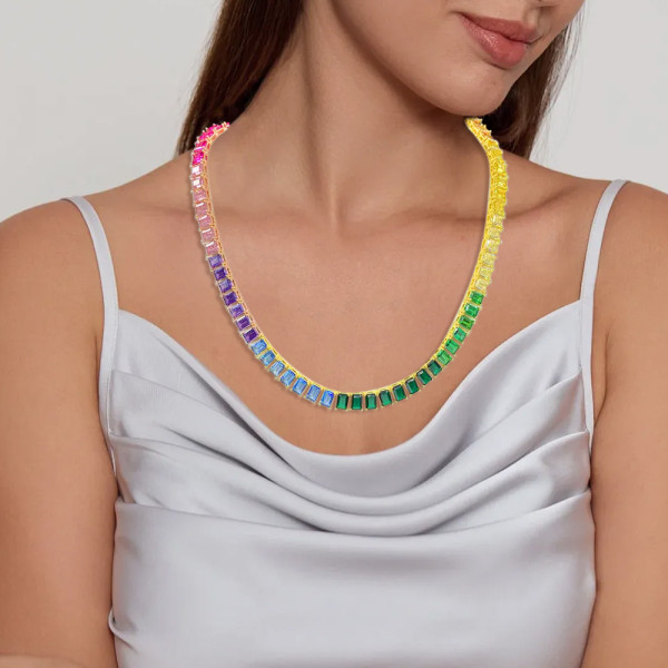 90ctw Classic Emerald Cut Multicolor Rainbow Satatement Necklace