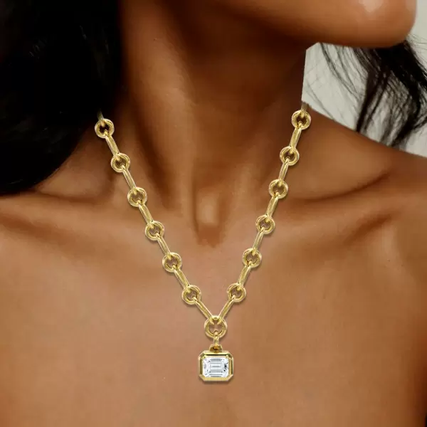 6ct Bezel Emerald Cut Pendant Chain Link Necklace
