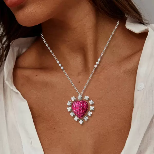 8ctw Ruby and White Flower Halo Heart Necklace