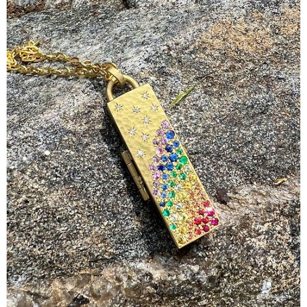 Stars Engraved Rainbow Sapphire Locket Design Pendant Necklace