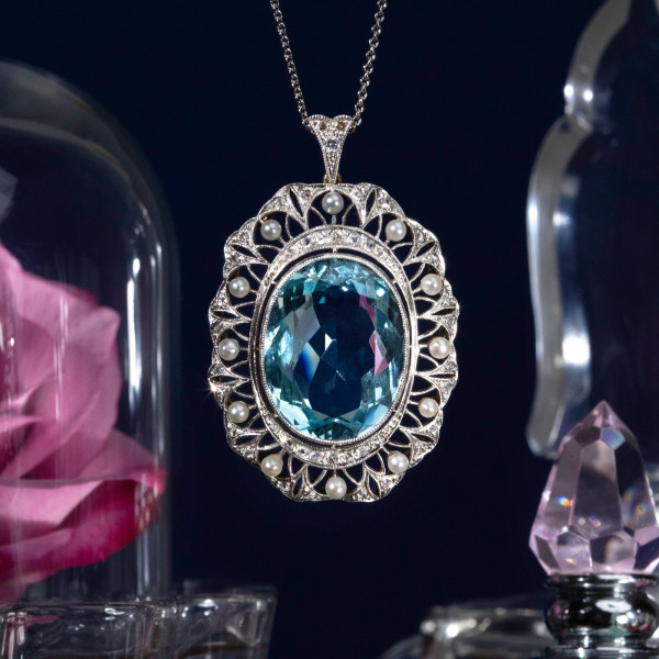 15ct Oval Cut Aquamarine Pearl Halo Vintage Pendant Necklace