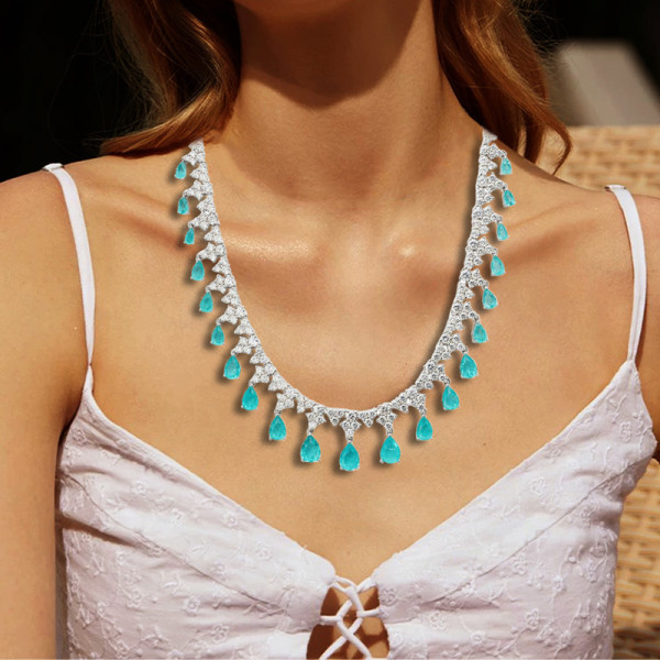 48ctw Pear Cut Paraiba Fringe Statement Necklace