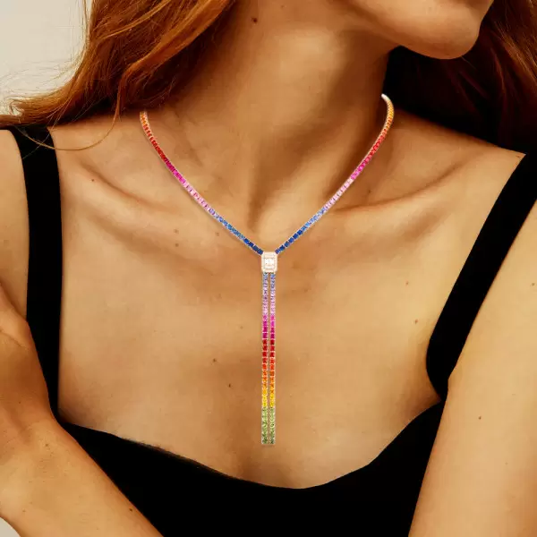 40ctw Princess Cut Muiticolor Sapphire Rainbow Necklace