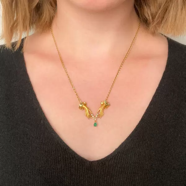Pear Cut Emerald Vintage Love Hands Pendant Necklace