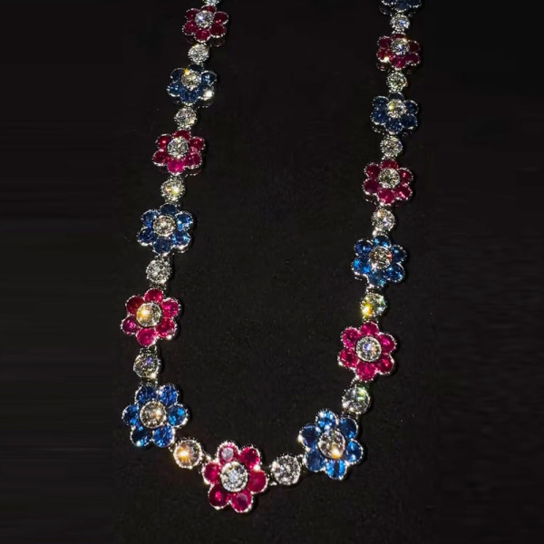 85ctw Blue and Ruby Flower Vintage Statement Necklace
