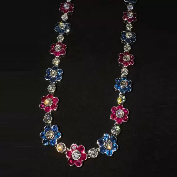 85ctw Blue and Ruby Flower Vintage Statement Necklace