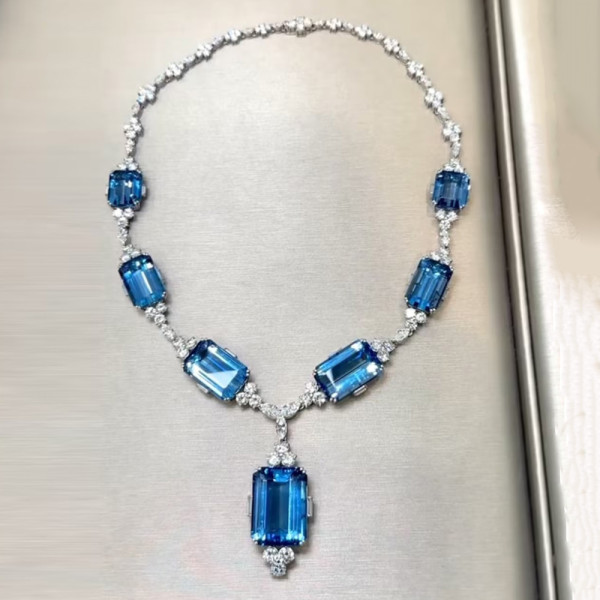 110ctw Emerald Cut Aquamrine Vintage Statement Necklace