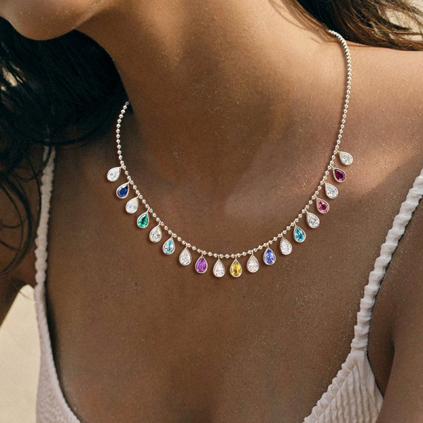 35ctw Pear Cut Multicolor Sapphire Station Statement Necklace