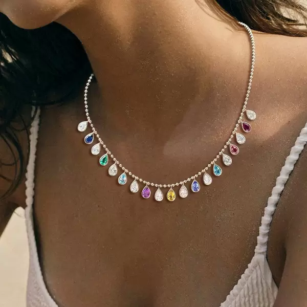 35ctw Pear Cut Multicolor Sapphire Station Statement Necklace